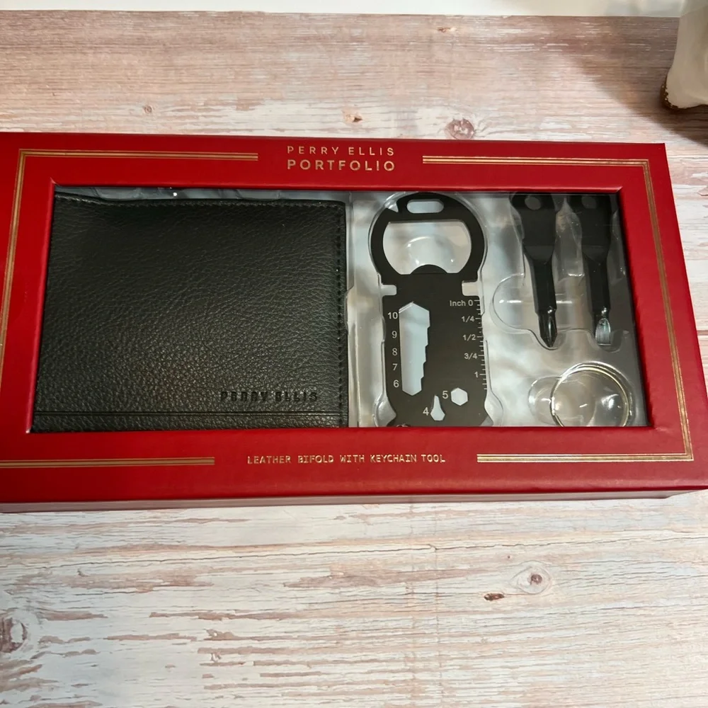 Men's Perry Ellis Portfolio Leather BiFold W/ Keychain Tool NEW‎